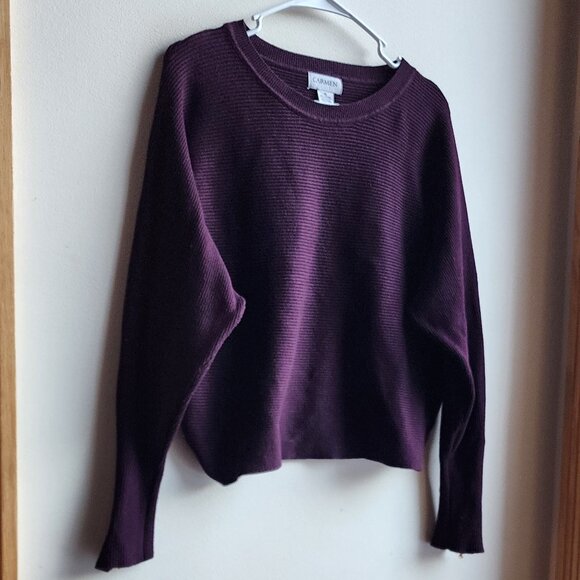 Carmen Marc Valvo Deep Purple Scoop Neck Ribbed Cropped Sweater Size XL - Picture 3 of 13